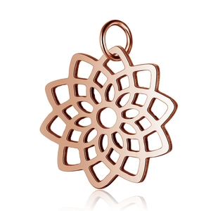 Detailed view of rose gold stainless steel lotus mandala charm with intricate cutouts