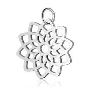 Detailed view of silver stainless steel lotus mandala pendant with geometric hollow design
