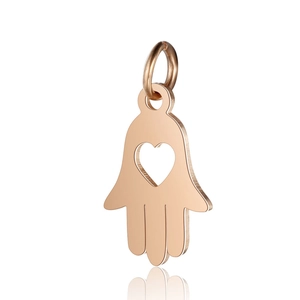 Rose gold Hamsa hand pendant with heart cutout and polished stainless steel finish