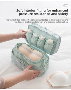 Detail view of mint green unicorn organizer bag with elastic pockets for bras