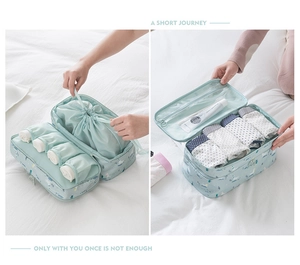 Macro view of light blue travel organizer bag featuring internal drawstring compartments