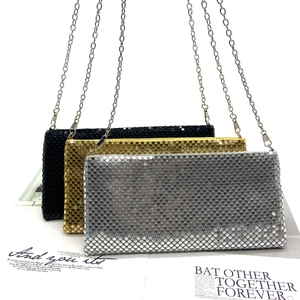 Chic metallic sequin clutch purses in black, gold and silver with chain straps