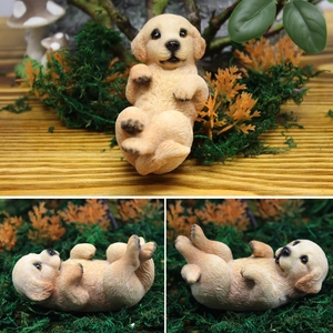 Realistic Golden Retriever puppy figurine in forest micro-landscape from multiple views