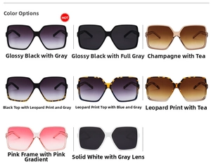 Matrix display of square oversized sunglasses showing eight distinct color variations