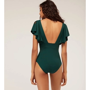 Women's deep green ruffle shoulder swimsuit with elegant low back V-cut design