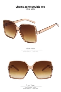 Detail view of square champagne sunglasses with brown gradient lenses and plastic frame