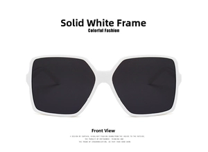 Front view of white square oversized sunglasses with dark grey lenses and wide temples