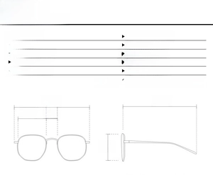 Detailed size chart for square frame sunglasses with precise lens and temple measurements