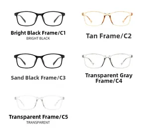 Detail view of TR90 glasses frames in five colors: black, tan, sand black, grey and clear