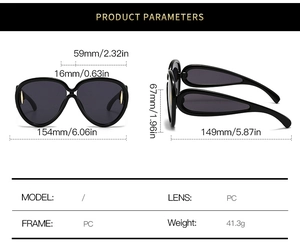 Diagramme détaillé des lunettes de soleil noires avec dimensions de la monture en PC