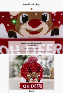 Détail du bonnet de Noël LED avec motif renne et réglages de lumière festive