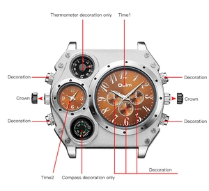 Detailed diagram of dual time zone watch featuring brown dial and decorative compass