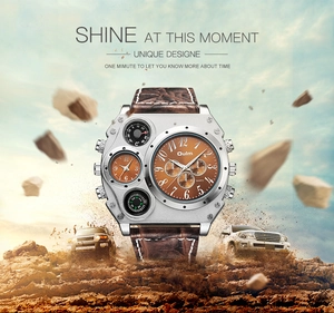 Close-up of dual time zone watch with compass and thermometer on brown leather strap