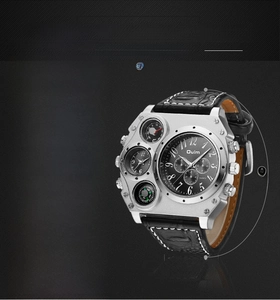 Detailed specs for dual time zone quartz watch with large alloy case and PU strap