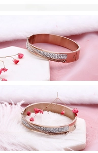 Detail of rose gold titanium bangle with pavé crystals and steel wire design