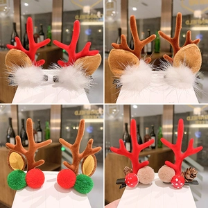 Christmas Reindeer Antler Hair Clips Flocked Fabric Antlers With Mushrooms Pine Cones Fur Balls For Holiday Party Accessory