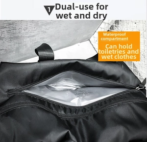 Macro view of water-resistant wet-dry separation pocket inside black travel bag