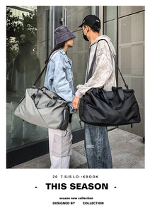 High-quality nylon sports gym bags in grey and black shown in a professional urban street style