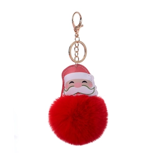 Christmas Santa pompom keychain with red plush ball and gold ring for bag decoration