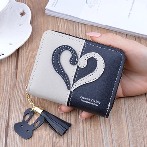 Women Short Wallet PU Leather Zip Around Coin Purse With Tassel Bunny Pendant Heart Pattern Color Block Card Holder