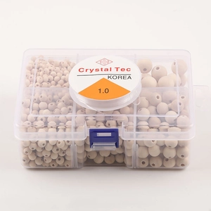 Natural wood bead assortment in storage box with crystal elastic cord for DIY jewelry