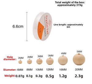 Size chart for natural wood beads 6mm to 20mm with elastic cord for DIY jewelry making