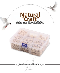 Detail of natural wood beads in a multi-grid storage box for DIY jewelry making