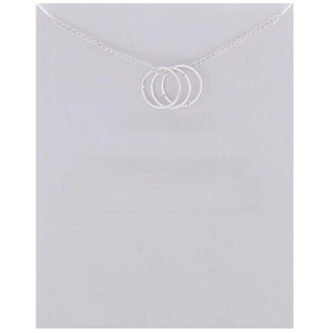 Three-circle silver Karma necklace on a decorative meaning card with minimalist design
