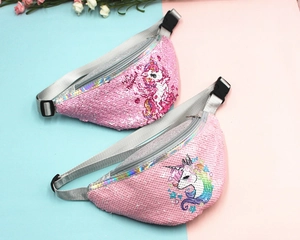 Close-up of reversible sequin unicorn fanny pack with adjustable strap for kids