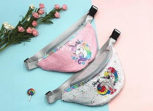 Flat lay of sequined unicorn fanny packs in pink and white for girls with magic detail