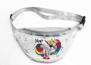 Detail of silver sequin waist bag for girls featuring magic unicorn and rainbow hair