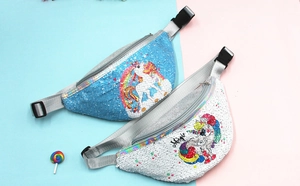 Close-up of girls unicorn sequin waist bags featuring magic print and adjustable strap
