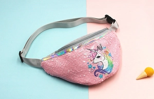 Close-up of pink sequin unicorn waist bag for girls with adjustable nylon strap details
