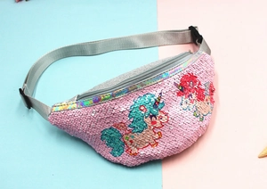 Detail of pink sequin kids waist bag featuring cute unicorn prints and adjustable strap