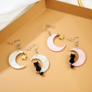 Cat on moon earrings with stars in white and pink acrylic, romantic fashion jewelry