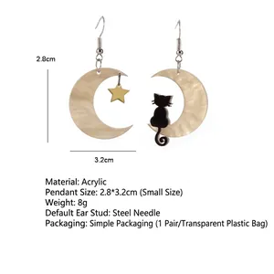 Asymmetric cat and moon earrings in acrylic with star charms for a cute forest style