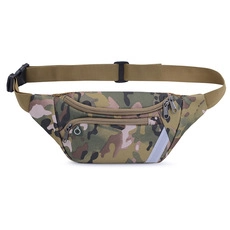 Detail view of camouflage oxford waist bag featuring reflective strip and headphone port