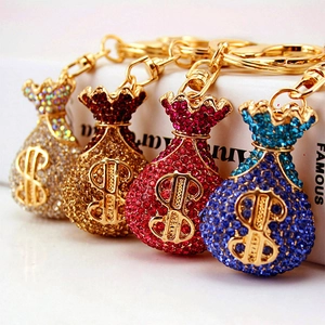 Lucky Money Bag Keychain Rhinestone Inlaid Zinc Alloy Dollar Sign Metal Keyring For Women Bag Charm Car Pendant Gift