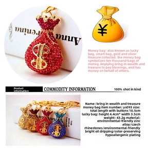 Macro shot of sparkling crystal rhinestones and enamel on a zinc alloy money bag keychain