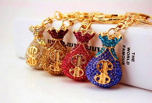 Detail of crystal rhinestone money bag keychains in silver, gold, pink and blue colors