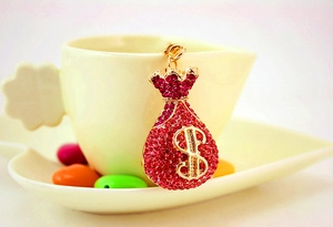 Macro shot of red rhinestone money bag keychain with gold dollar sign and metal details