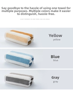 Close-up of thick striped cotton towels showing soft terry texture in yellow, blue and gray