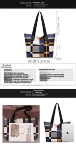 Detailed size chart for plaid tote bag with dimensions 30x26x12cm and shoulder strap