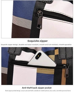 Detail of checkered tote bag with high-quality metal zipper and back anti-theft pocket