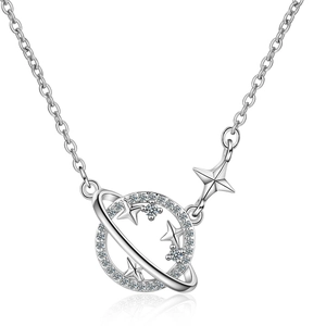 Minimalist Copper Planet Pendant Necklace Shiny Rhinestone Saturn Star Clavicle Chain Jewelry For Women Daily Dating Gift