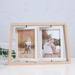 Double-sided rotating 4x6 wooden photo frame in Nordic style for desktop display