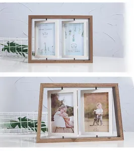 Detail view of double rotating wooden picture frames with 360 degree 4x6 inch photo display