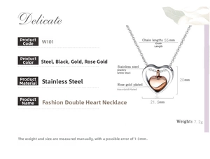 Detailed size and material specification chart for the double heart cremation pendant