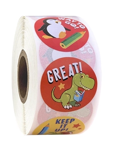 Macro view of colorful round roll reward stickers with cute cartoon animal patterns