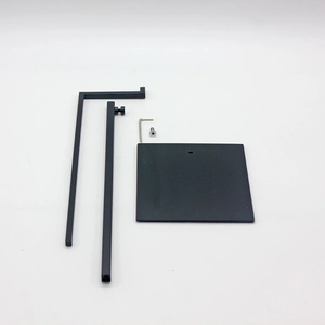 Detailed components of a black metal handbag display rack including base and hardware